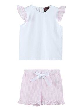 White & Pink Seersucker Top and Shorts Set